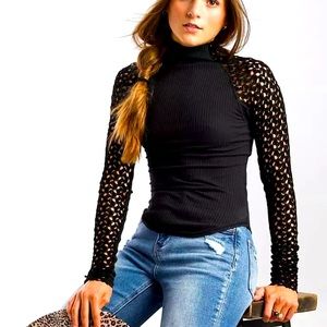 Free People Clement Mock Neck Long Lace Raglan Sleeve Knit Top NEW